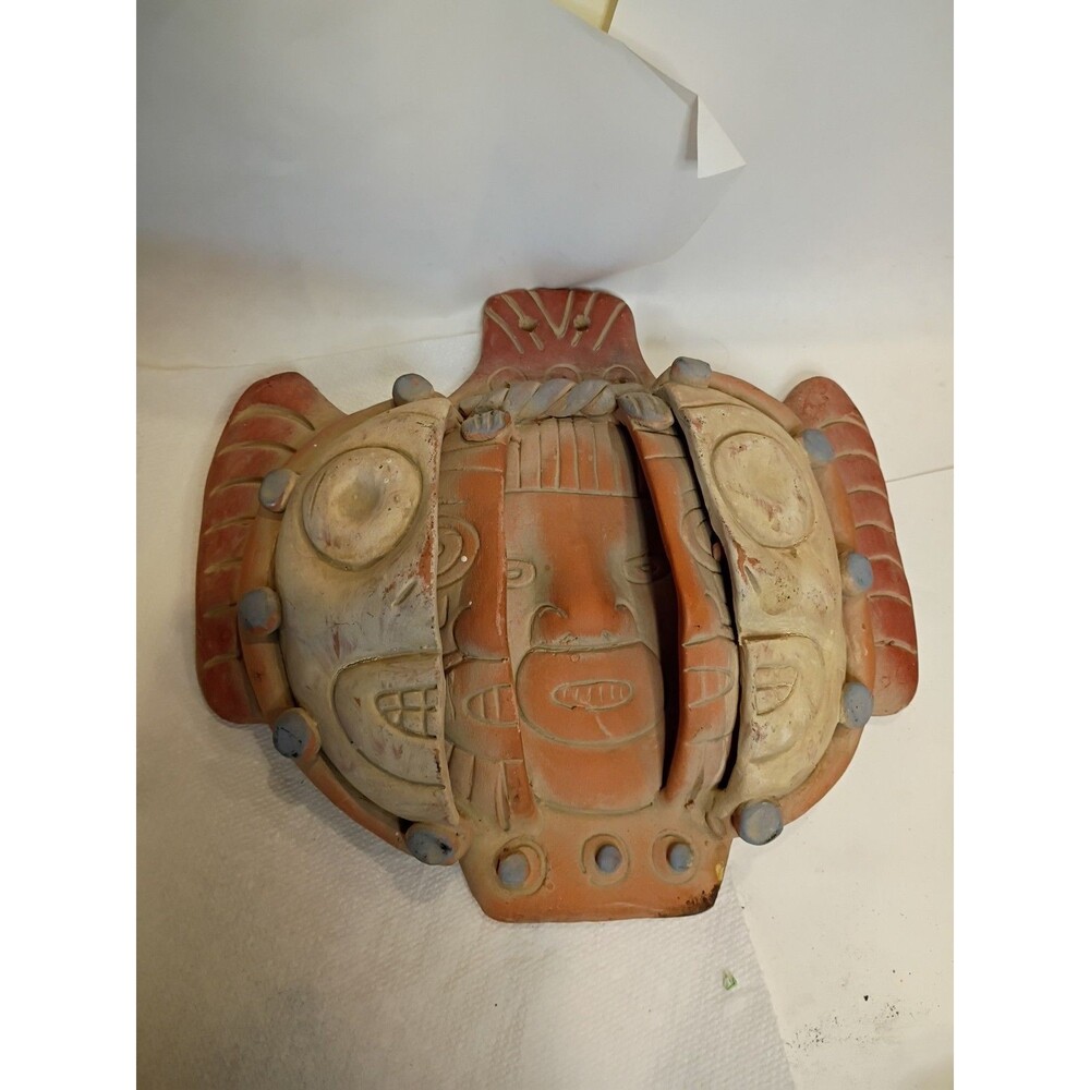 Vintage Mexican Folk Art Terracotta Clay Mask Three Ages Of Man Wall Plaque